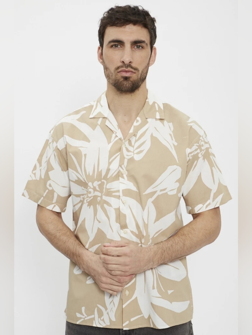 JACK & JONES Prenium Beige tropical relaxed shirt Short Sleeve Size XXL